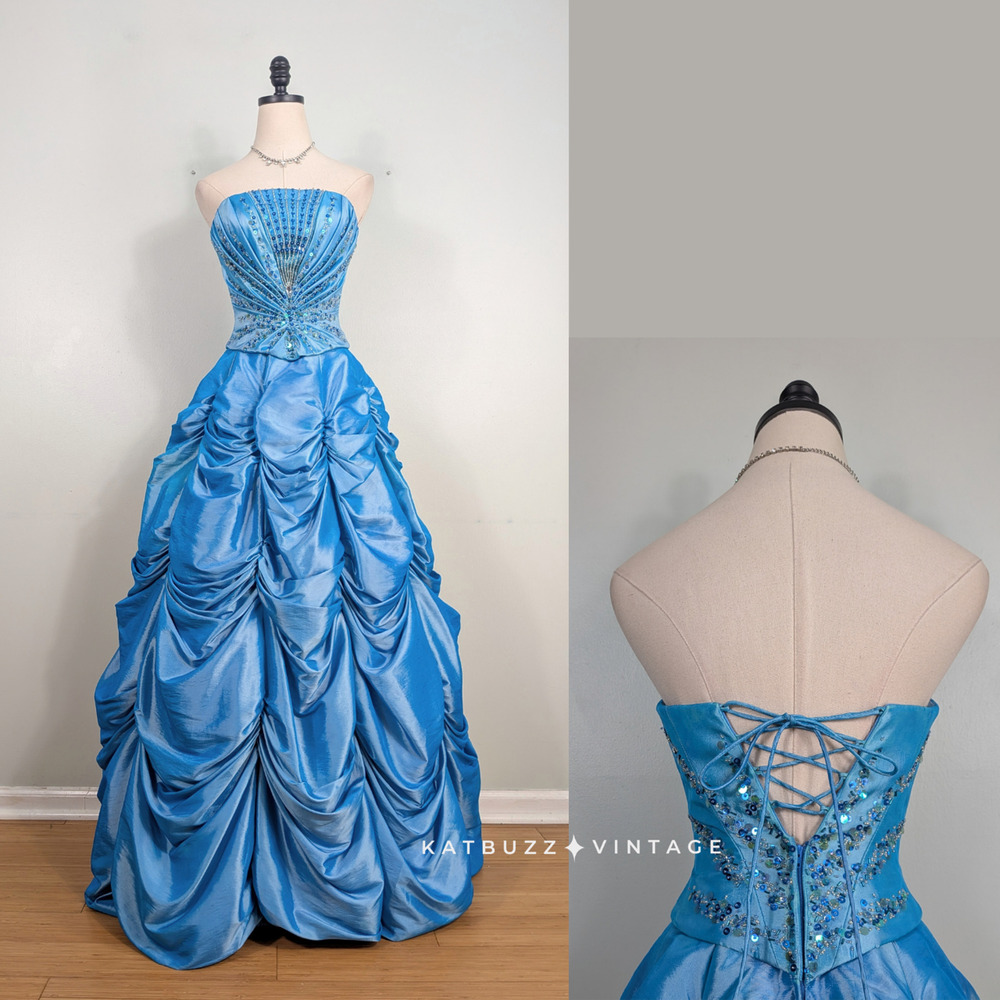 Vintage Prom Dress Maxi Ball Gown 2 Blue Corset Y2K Fairy Princess Bead Quince